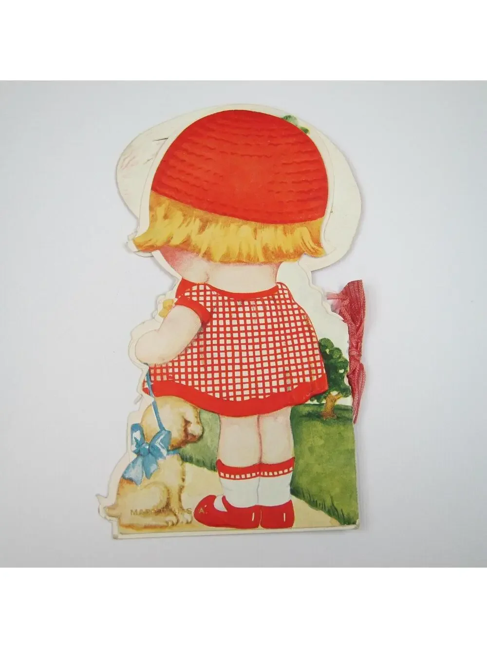 Vintage Valentine Mechanical Red Hat Blonde Girl Puppy Dog LARGE Story Book RARE